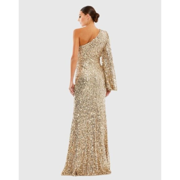 MAC DUGGAL Size 2 Gold Sequined One Shoulder Trumpet Formal Prom Gown Dress New - Picture 3 of 11